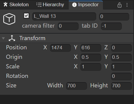 Transform feature in the inspector tab